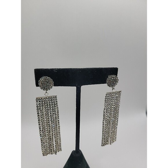 Vintage Silver Tone Rhinestone Tassel Fringe Dangle Earrings Glam Cocktail - Picture 6 of 12